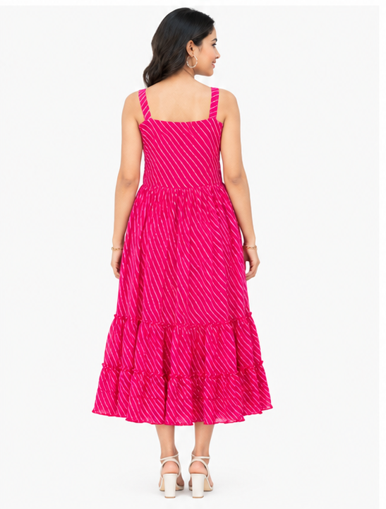 Women Pink Striped Printed Fit & Flare Tiered Midi Dress