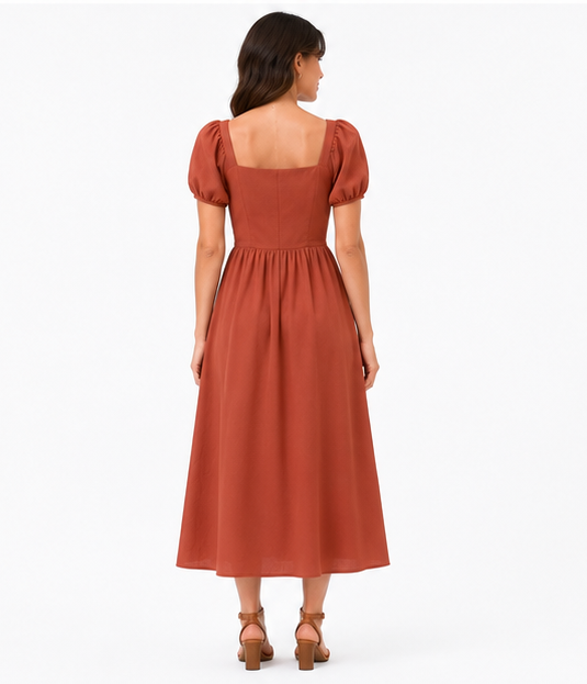 Women Rust Brown Solid Square Neck Puff Sleeve Midi Dress