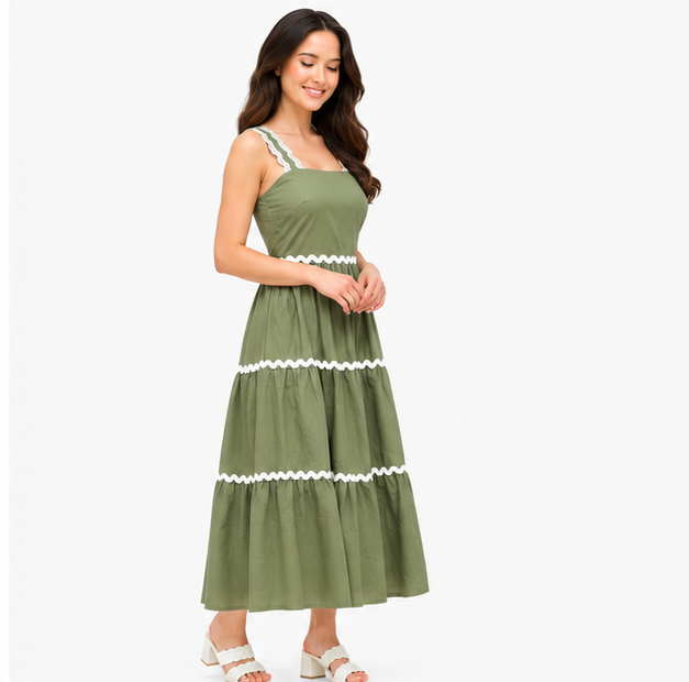 Women Olive Green Solid Tiered Fit & Flare Midi Dress with Contrast Trim