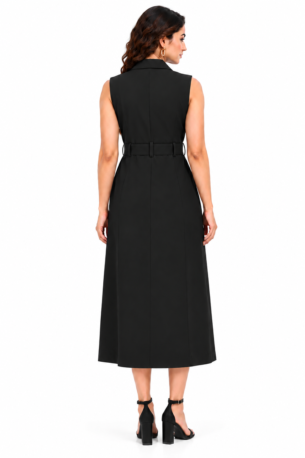 Women Black Solid Double Breasted Belted Blazer Style Midi Dress