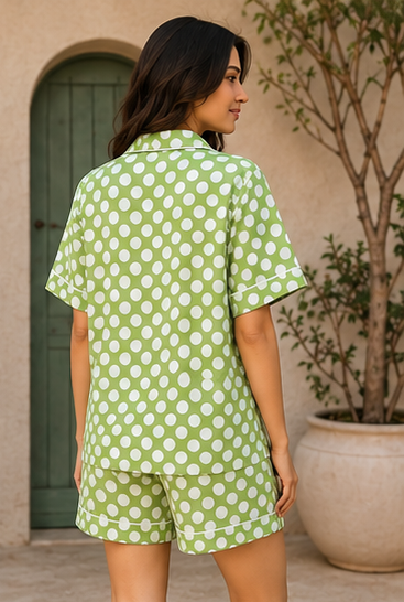 Women Green Polka Dot Printed Shirt & Shorts Co-Ord Set