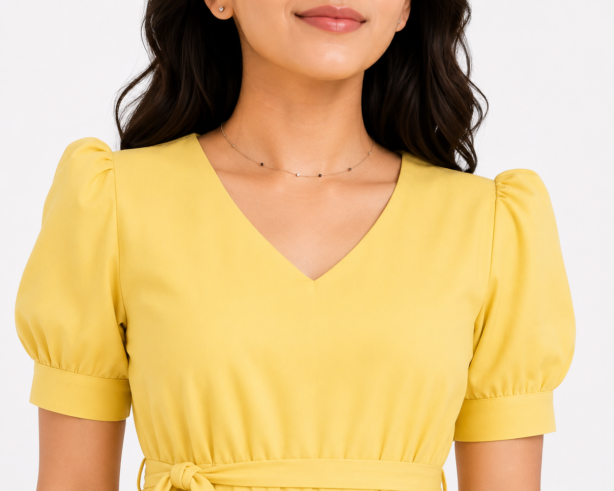 Women Yellow Solid V-Neck Fit & Flare Midi Dress with Puff Sleeves & Waist Tie