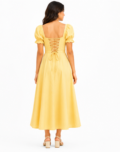 Women Yellow Solid Square Neck Puff Sleeve Fit and Flare Midi Dress