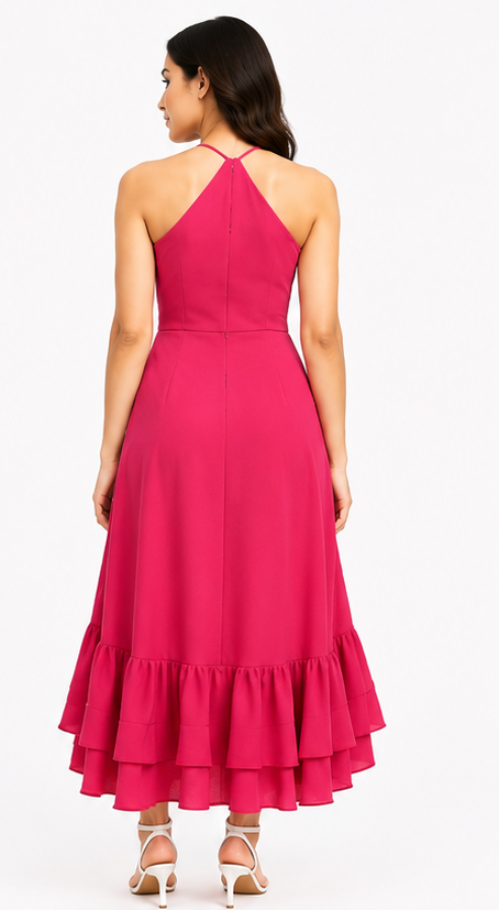 Women Hot Pink Halter Neck High Low Maxi Dress with Layered Ruffle Hem