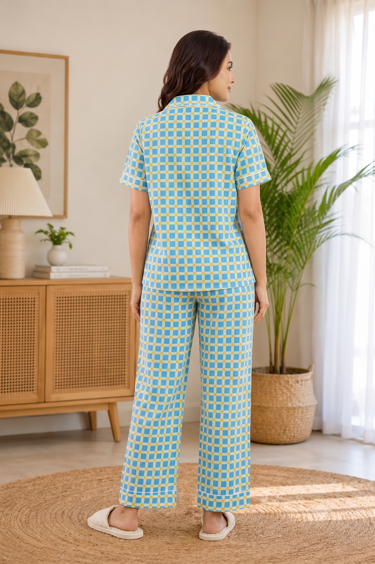 Women Blue & Yellow Gingham Check Button Front Shirt & Wide Leg Pants Co-Ord Set