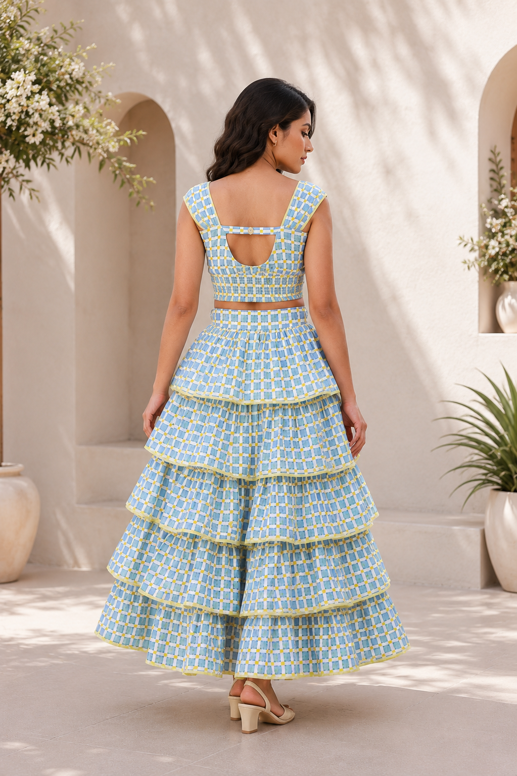 Women Blue & White Checked Tiered Maxi Skirt Set with Tie-Up Crop Top