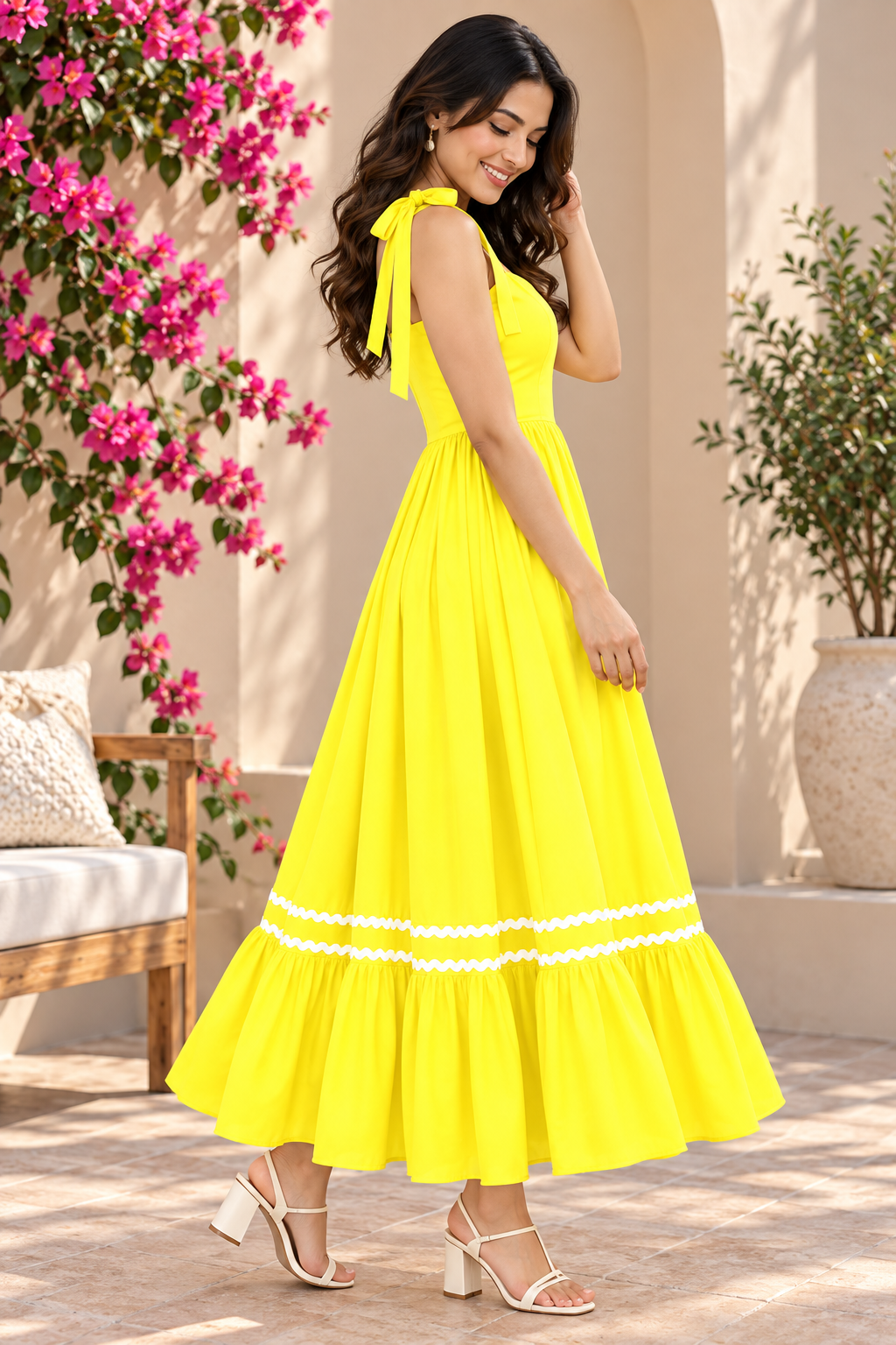 Women Yellow Solid Tie Strap Tiered Fit & Flare Maxi Dress with Contrast Trim