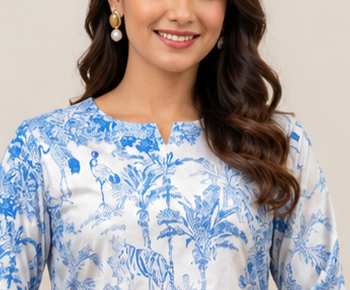 Women White Blue Printed Co-Ord Set with Flared Pants