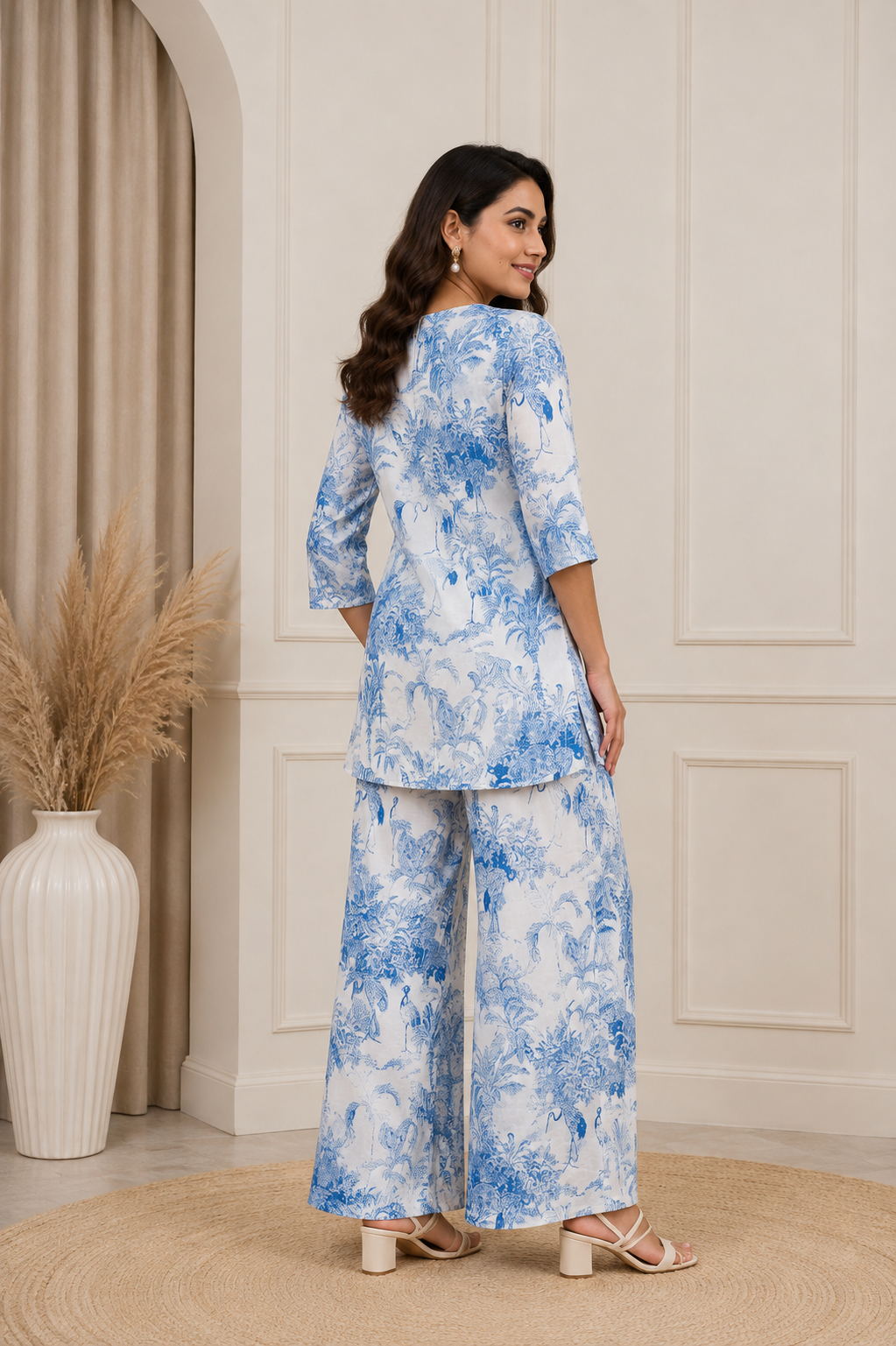 Women White Blue Printed Co-Ord Set with Flared Pants