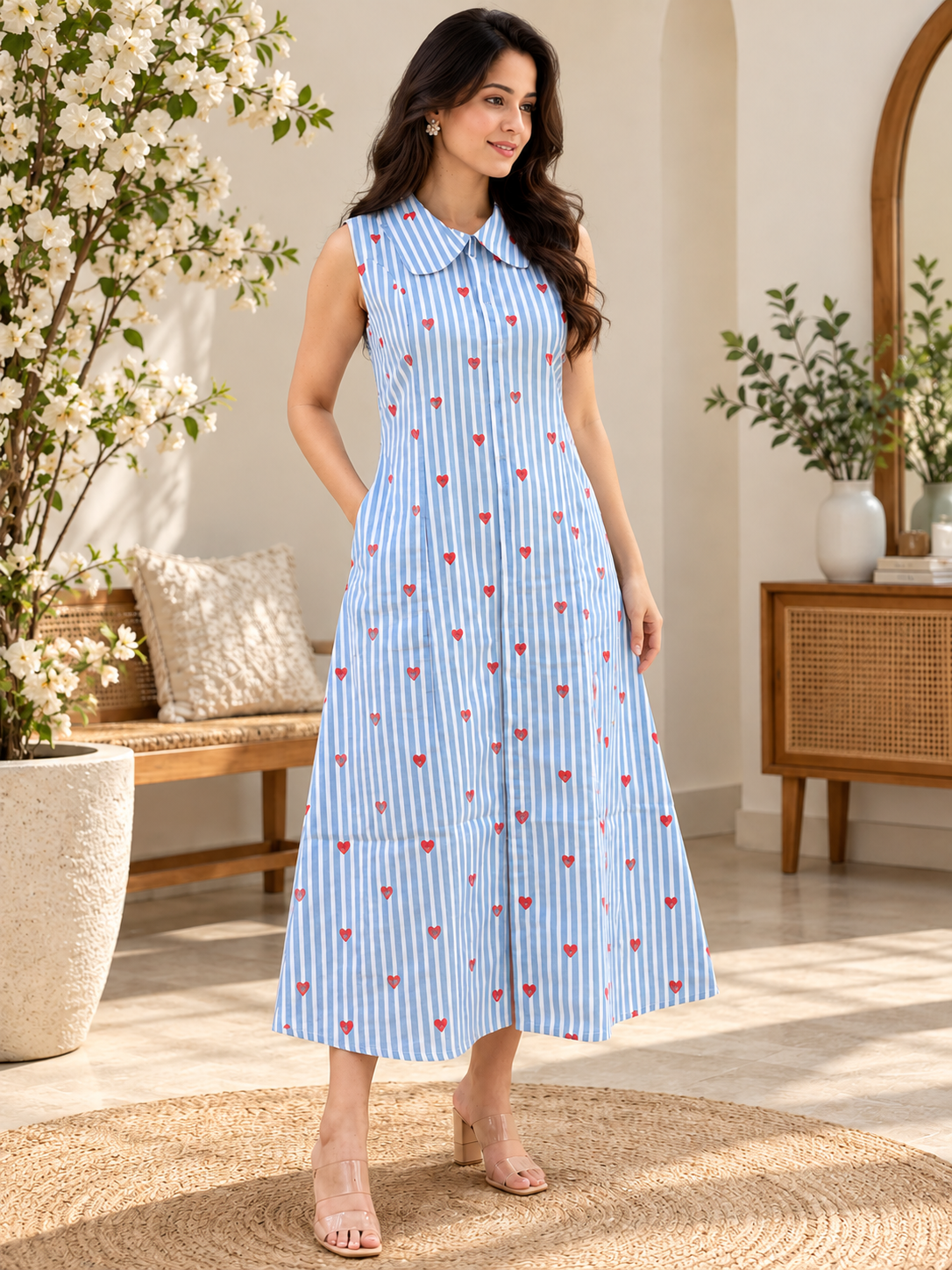 Women Blue Striped Midi Dress with Red Heart Print, Peter Pan Collar & Sleeveless Design
