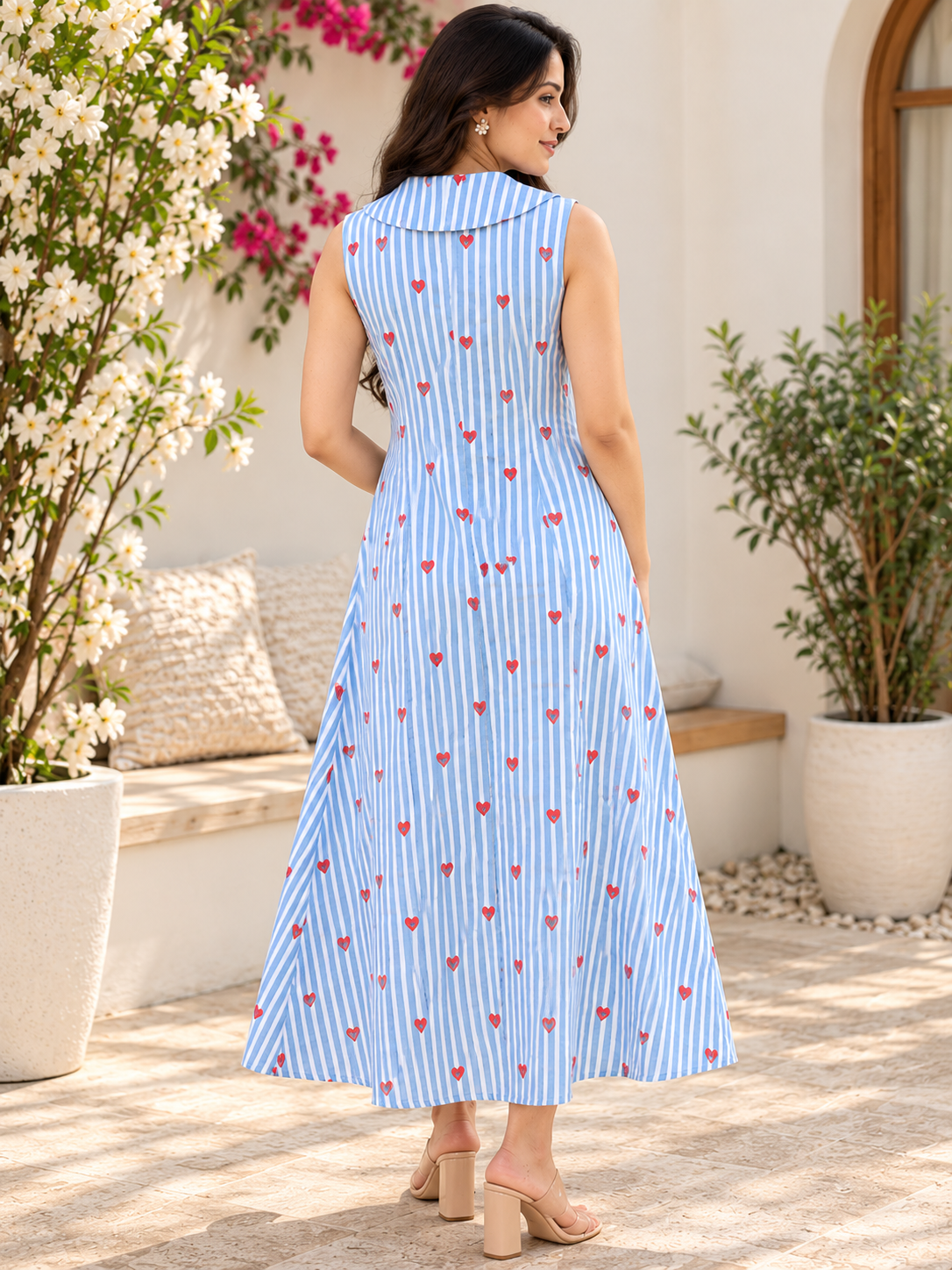Women Blue Striped Midi Dress with Red Heart Print, Peter Pan Collar & Sleeveless Design