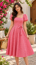 Women Red Gingham Check Midi Dress with Square Neck, Puff Sleeves & Waist Tie