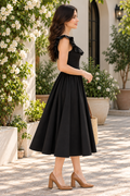 Women Black Fit and Flare Midi Dress with Ruffle Neckline & Sleeveless Design
