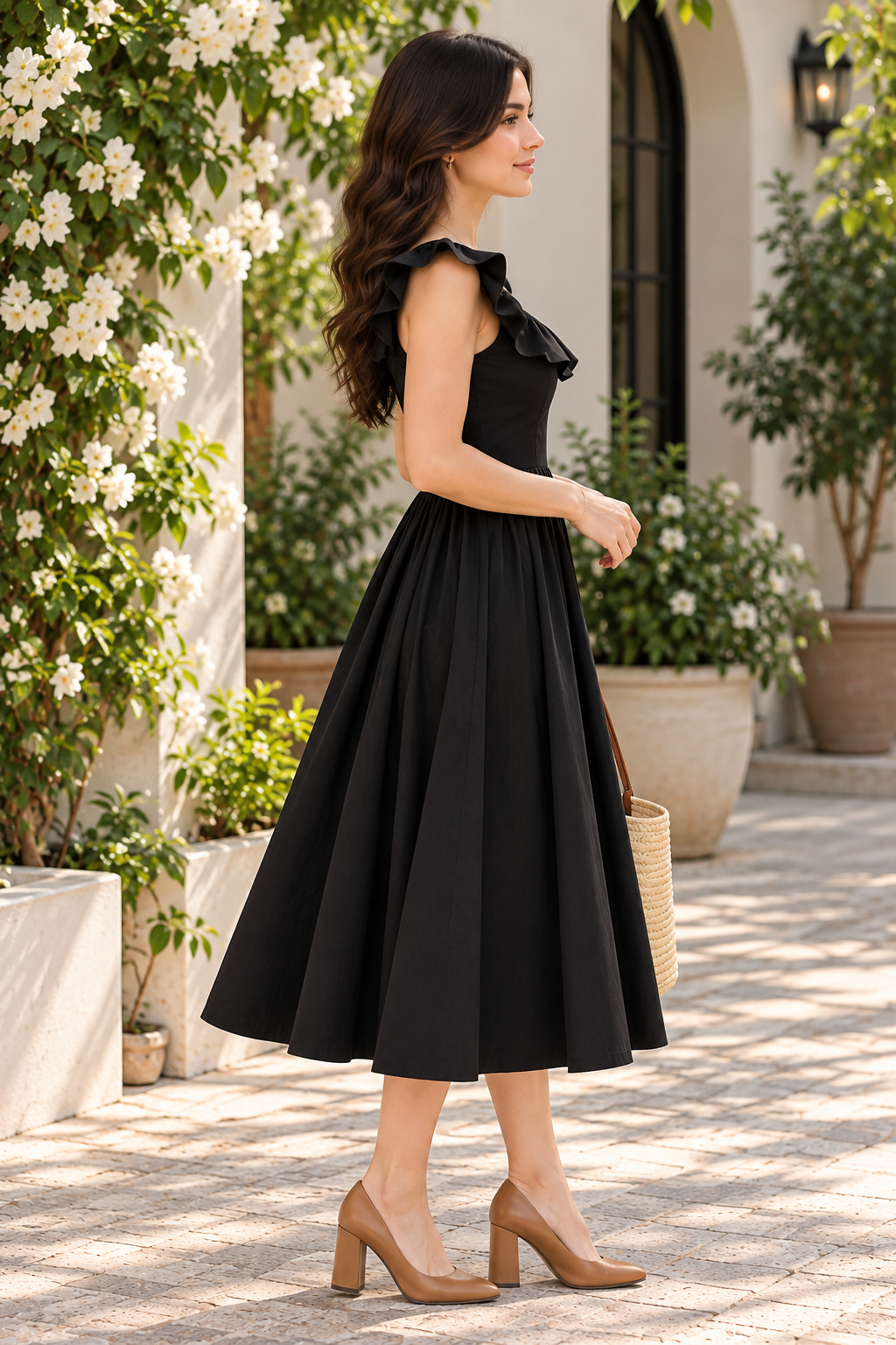 Women Black Fit and Flare Midi Dress with Ruffle Neckline & Sleeveless Design
