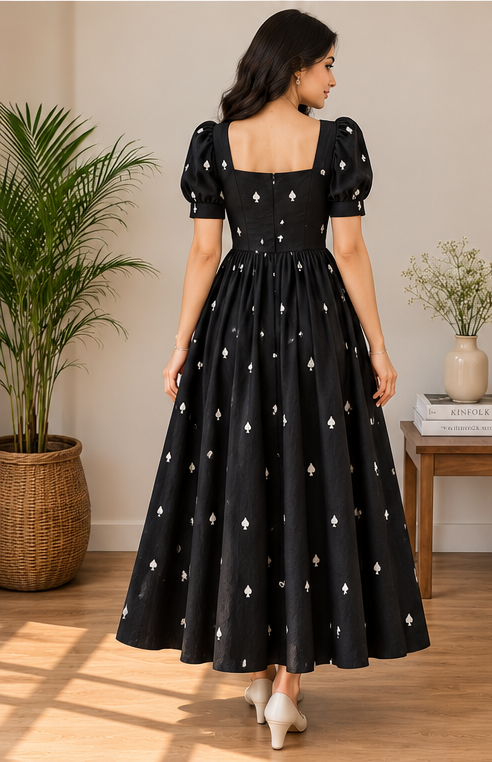 Women Black Printed Square Neck Maxi Dress – Puff Sleeve Fit and Flare Western Dress