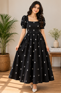 Women Black Printed Square Neck Maxi Dress – Puff Sleeve Fit and Flare Western Dress