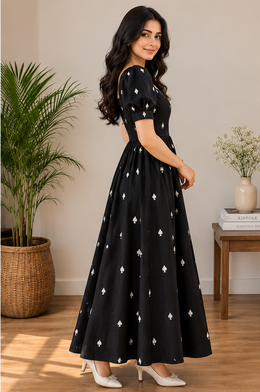 Women Black Printed Square Neck Maxi Dress – Puff Sleeve Fit and Flare Western Dress