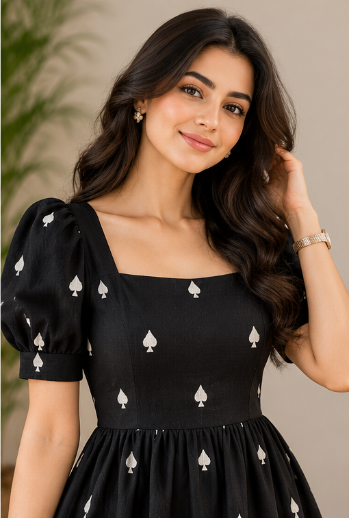 Women Black Printed Square Neck Maxi Dress – Puff Sleeve Fit and Flare Western Dress