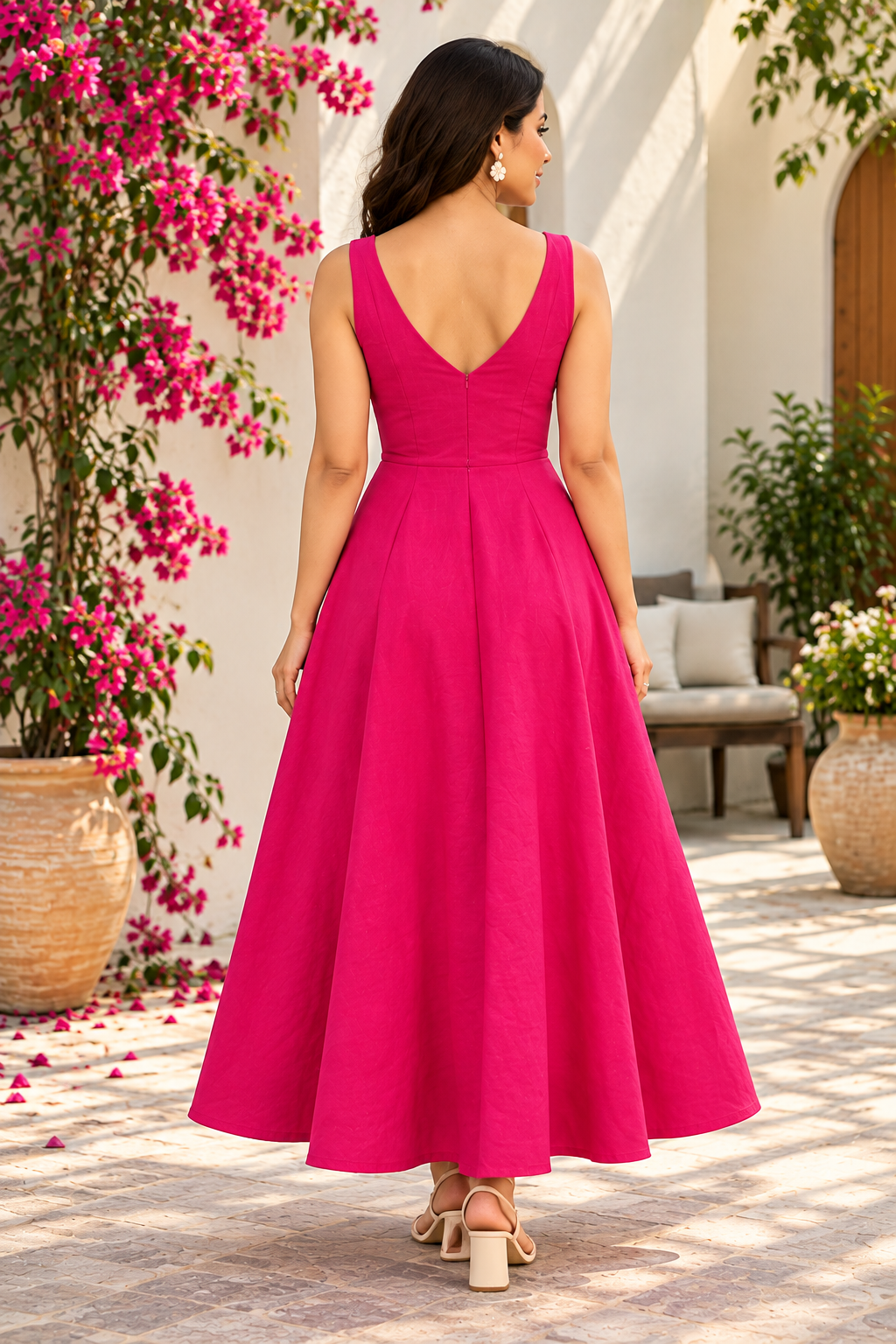 Women Fuchsia Pink Sleeveless Maxi Dress – V-Neck Fit and Flare A-Line Party Dress