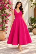 Women Fuchsia Pink Sleeveless Maxi Dress – V-Neck Fit and Flare A-Line Party Dress