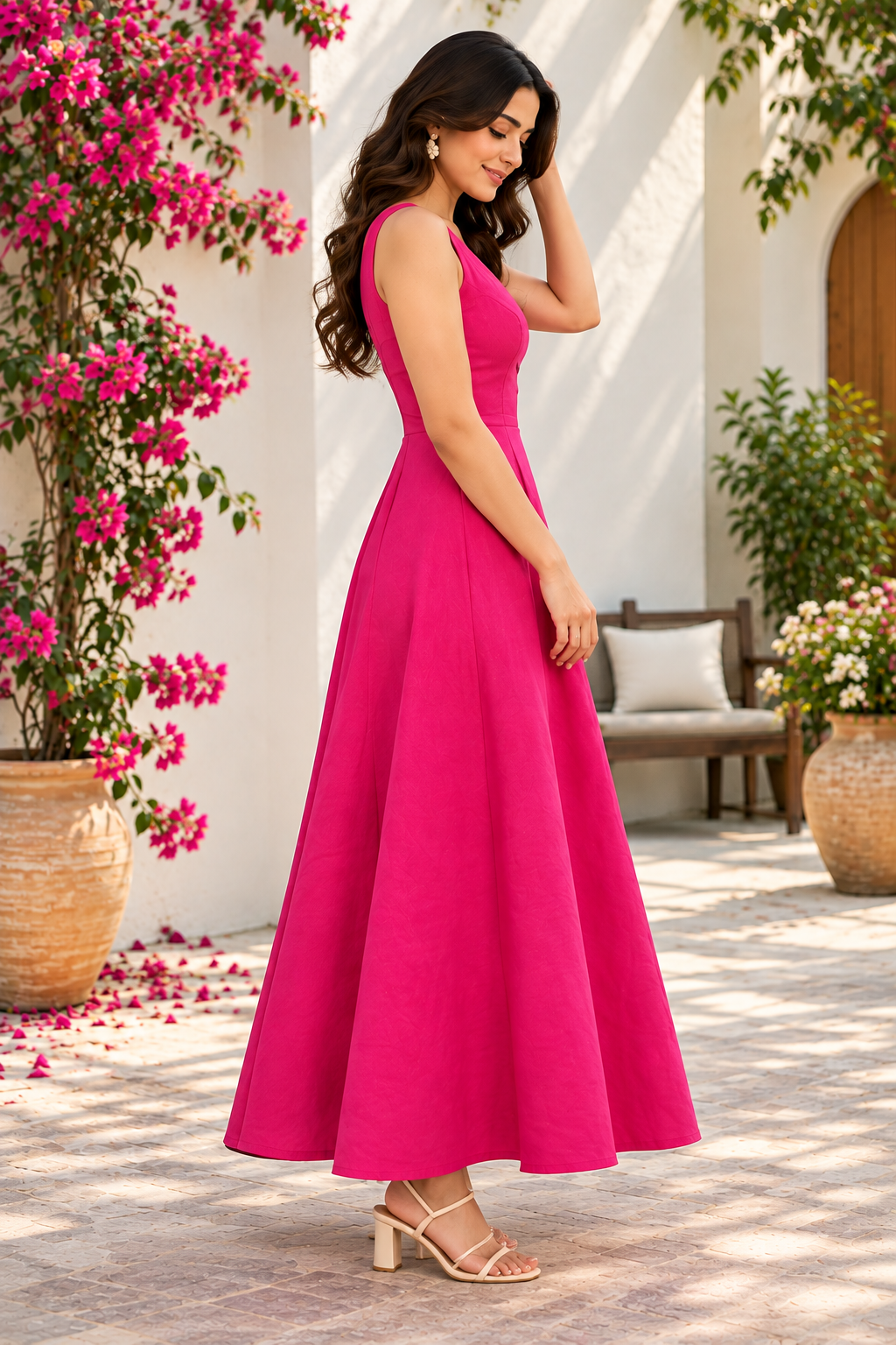 Women Fuchsia Pink Sleeveless Maxi Dress – V-Neck Fit and Flare A-Line Party Dress