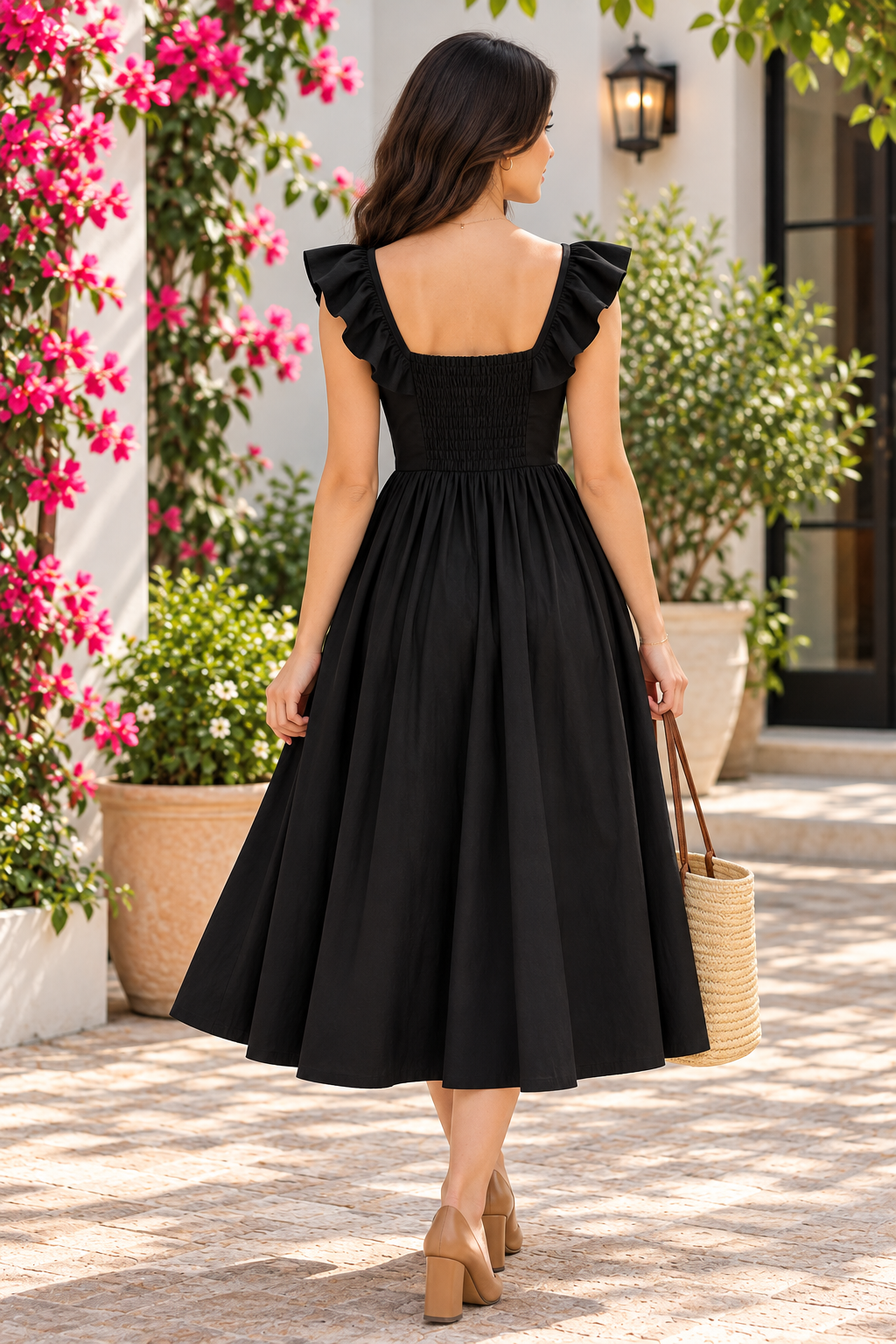 Women Black Fit and Flare Midi Dress with Ruffle Neckline & Sleeveless Design