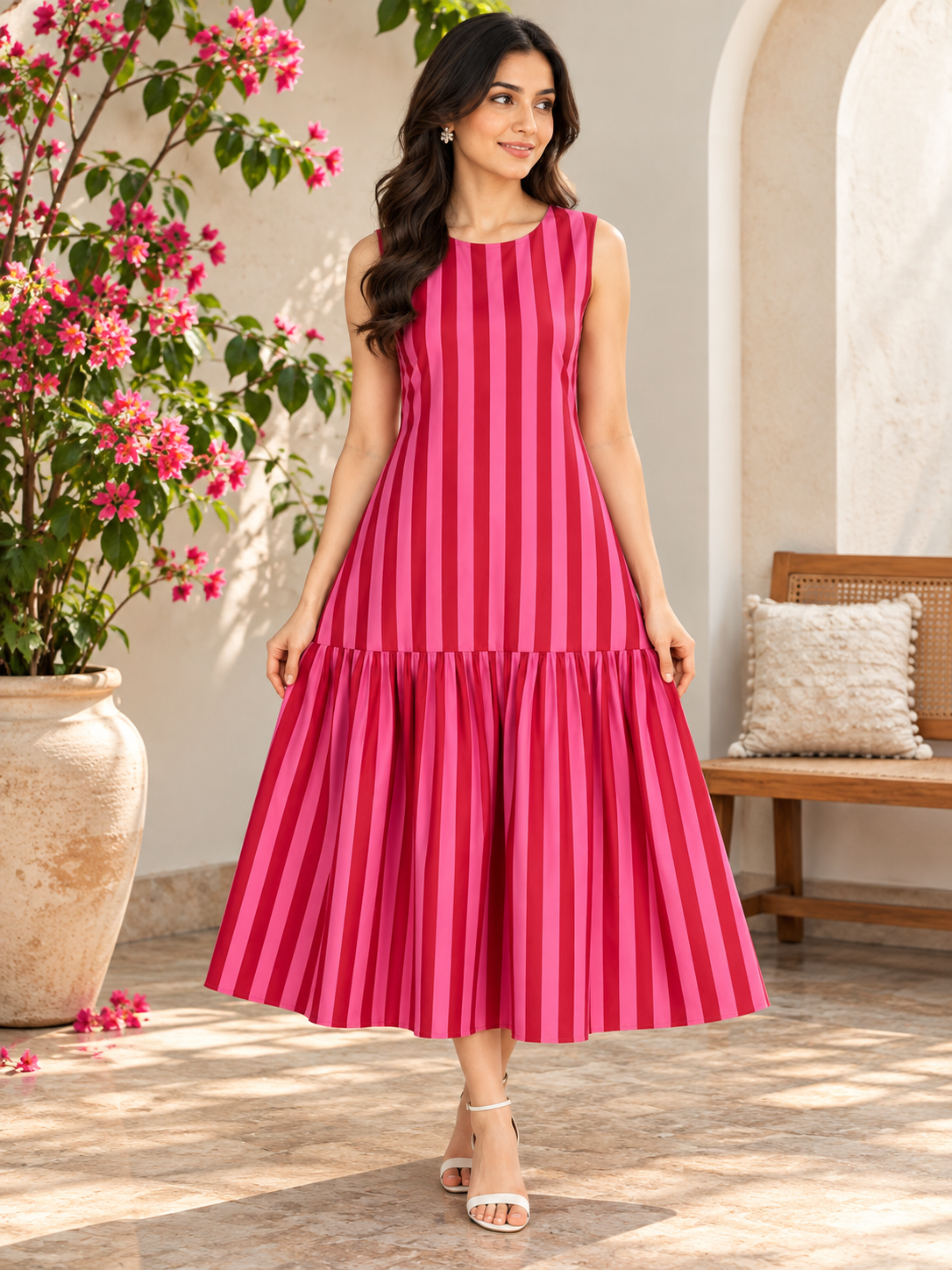 Women Pink Striped Midi Dress with Sleeveless Design & Tiered Flared Hem