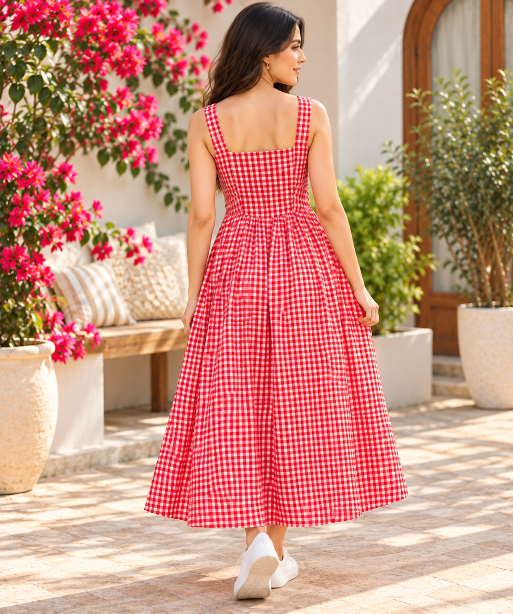 Women Red and White Gingham Check Maxi Dress – Sleeveless Square Neck A-Line Summer Dress