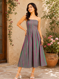 Women Green & Pink Striped Strapless Fit & Flare Midi Dress