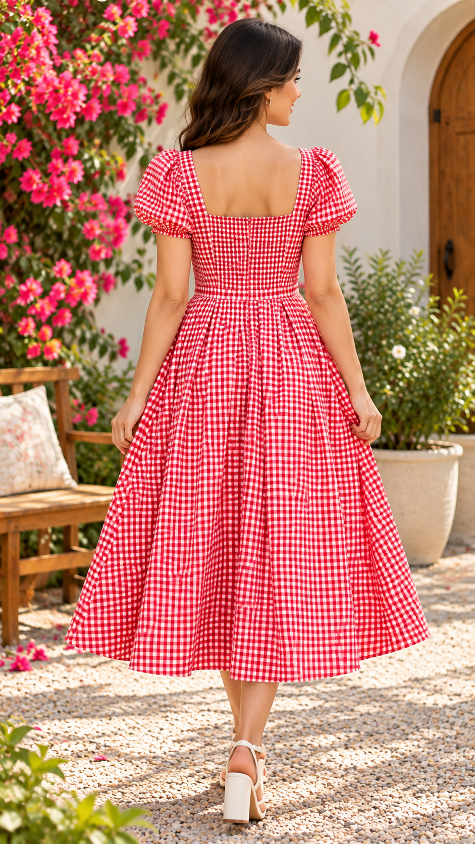 Women Red Gingham Check Midi Dress with Square Neck, Puff Sleeves & Waist Tie
