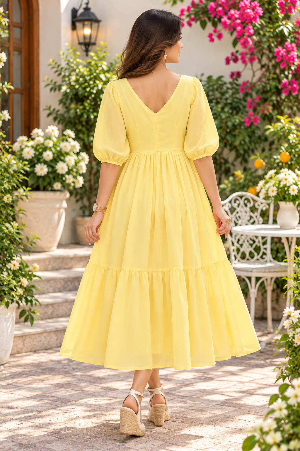 Women Yellow V-Neck Puff Sleeve Midi Dress – Button Front Tiered A-Line Summer Dress