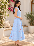 Women Blue Striped Midi Dress with Red Heart Print, Peter Pan Collar & Sleeveless Design