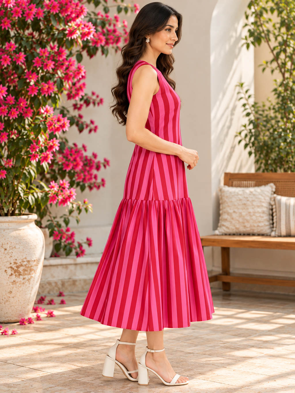 Women Pink Striped Midi Dress with Sleeveless Design & Tiered Flared Hem